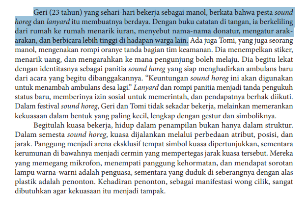 reftif_'s tweet photo. penelitian ini justru menunjukkan hal yang menarik dari fenomena Soung Horeg, diksi-diksinya nya juga nyentrik.

>Sound horeg diteliti sebagai alat sekaligus arena perebutan kuasa di pedesaan Jawa, bukan sekadar hiburan.

>Melalui etnografi, pesta bising ini dilihat sebagai jeda simbolik bagi petani kecil agar bisa keluar dari posisi subordinat dalam struktur kekuasaan desa.

>Petani kecil merasakan kembali kuasa ketika berperan sebagai panitia, operator, atau pemain festival (bisa mengatur, memerintah, dan menentukan aturan).

>Pemulihan kuasa itu bersifat ambivalen: alih-alih membebaskan, praktik ini justru mereproduksi hierarki yang sama (siapa pegang mikrofon, kuasai listrik, atau atur panggung)

>Ada paradoks mendasar: festival yang dianggap pelarian dari tekanan struktural justru menampilkan watak kekuasaan yang bising, memabukkan, dan licin.

>Dentuman sound horeg berfungsi sebagai sabotase halus terhadap dunia yang lama membisukan mereka, tapi “perlawanan”-nya berhenti di euforia tanpa arah perubahan sosial atau kesadaran kelas.

>Pada akhirnya, sound horeg menjadi katup pelepas frustrasi yang menyalurkan luka struktural ke ranah hiburan, sambil tetap mempertahankan dan mereproduksi kuasa yang penuh bualan dan kebisingan.

menarik, catatan reflektif dari Mintif adalah ketika orang kecil diberikan kekuasaan, dengan struktur sosial yang sudah terbentuk juga rawan akan penyalahgunaan wewenang, meskipun sudah dimaklumi oleh warga setempat.