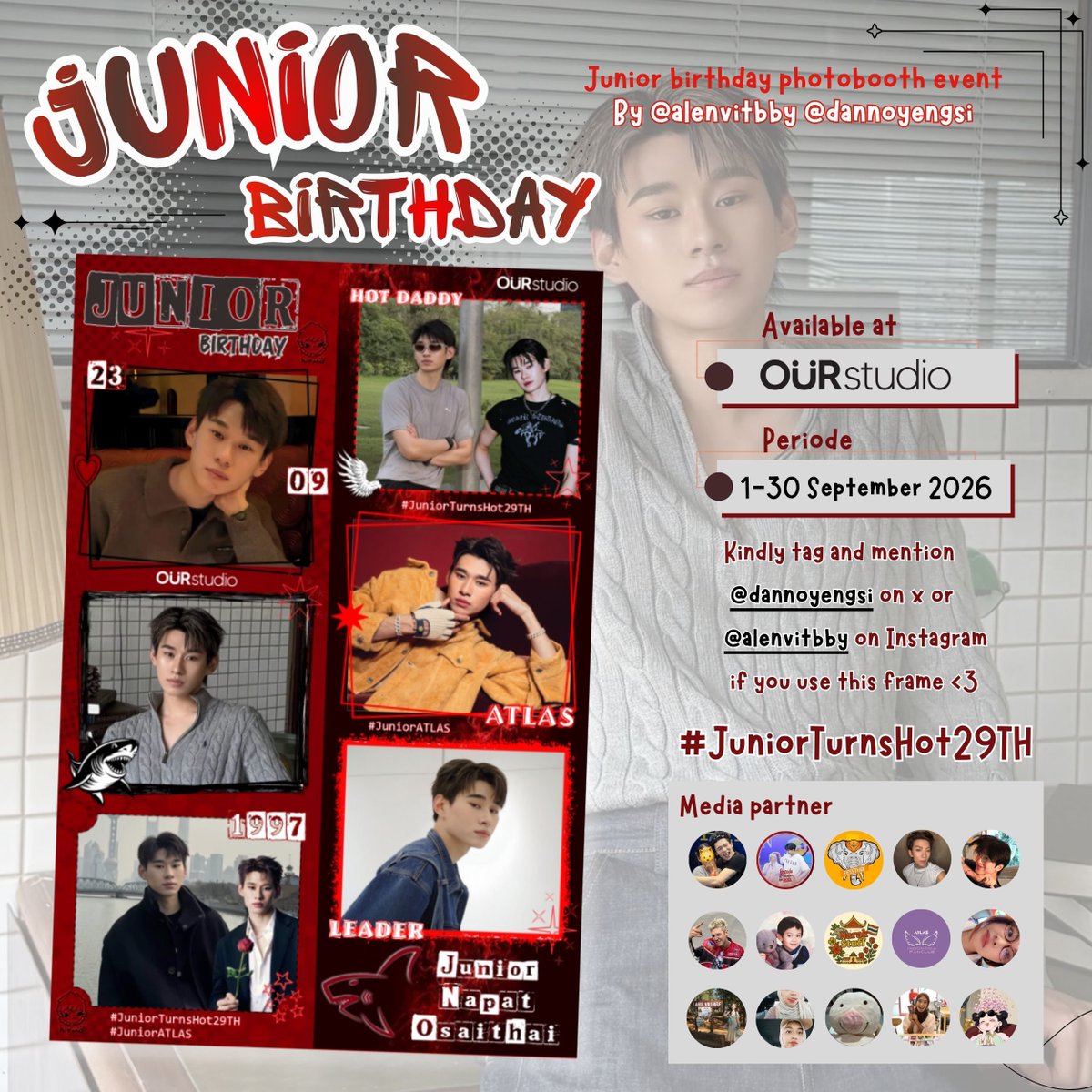 yosavalen's tweet photo. 🦈Junior Birthday Photoframe ✨

Let’s celebrate our beloved Junior special day with a little bday photo moment! Come take ur cutest pictures with us🫶🏻

📍 Ourself Studio 
🗓 1-30 September 2026

[project by @alenvitbby &amp; @dannoyengsi]

#JuniorATLAS #ATLAS_th #JuniorTurnsHot29th https://t.co/HLt1UsNU4E