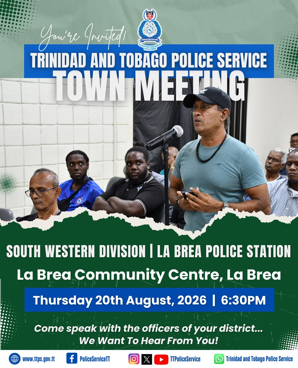 Kakuya924's tweet photo. La Brea Police Station Town Meeting: Thursday, August 20, 2026, 6:30 pm at La Brea Community Centre. Meet South Western Division senior officers and help build a safer community. https://t.co/IzAO0WVpBh