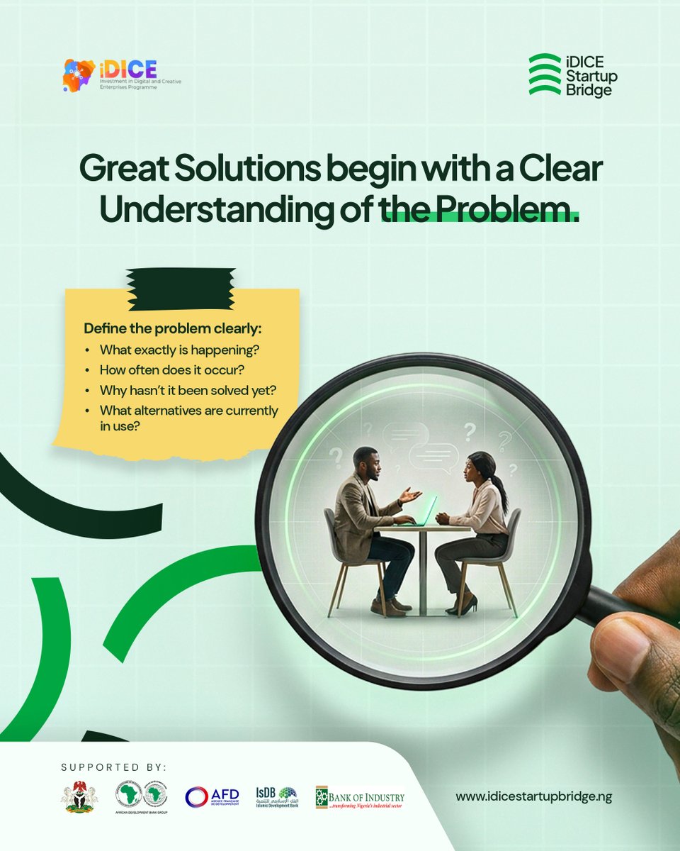 iDICEStartup's tweet photo. Don’t rush to build. Start by understanding.

Before you build the solution, make sure you understand the problem.

Ask the right questions. Dig deeper. Talk to the people experiencing it. The clearer the problem, the stronger the foundation for the solution you build.

#iDICEStartupBridge #FoundersLab #BuildInNigeria #StartupNigeria #Entrepreneurship #InnovationNigeria
