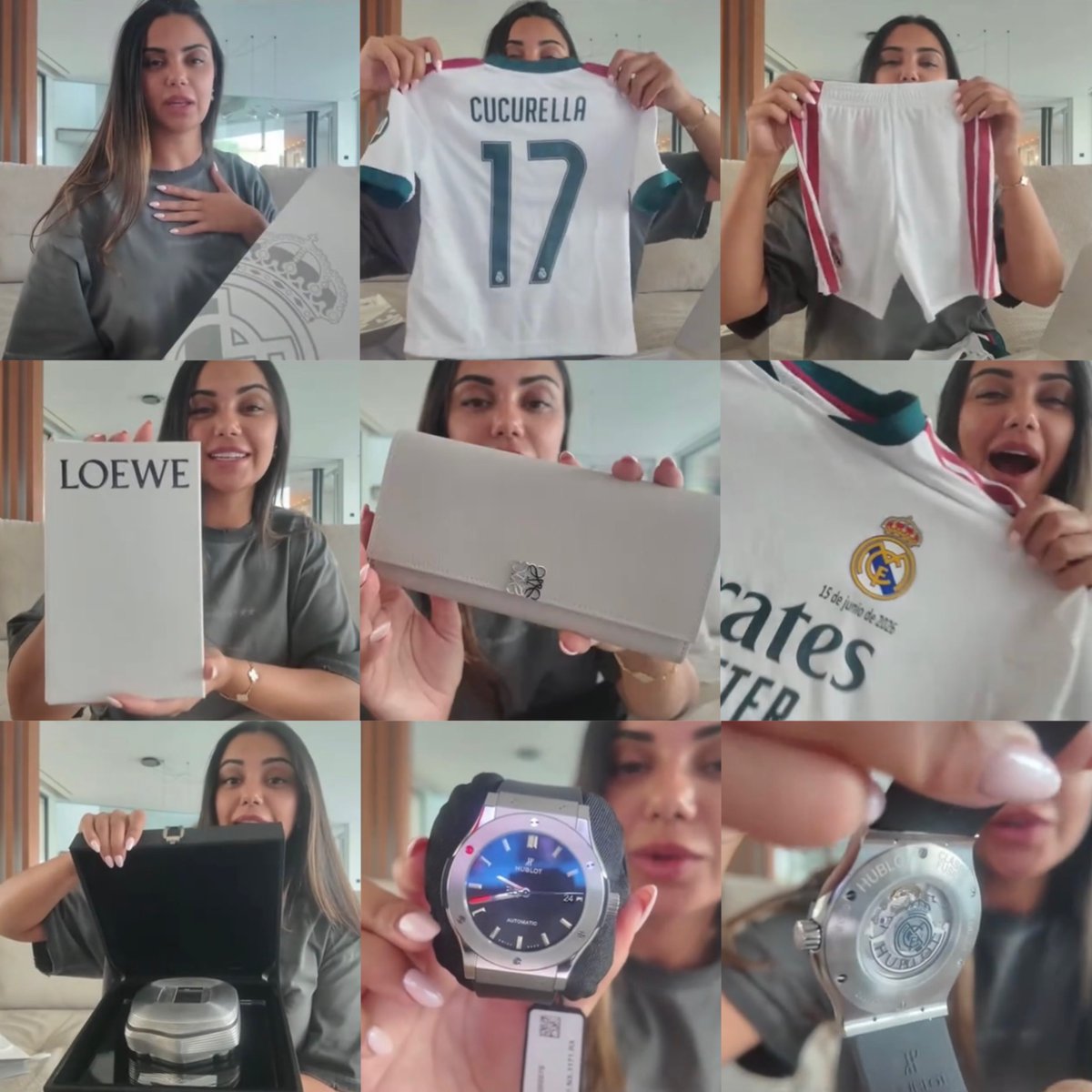 MadridXtra's tweet photo. 🤍 Marc Cucurella’s wife showed the gifts Real Madrid gave them on the day of his presentation.

- A Real Madrid kit for all the members of his and her family.
- A Loewe wallet for her.
- A replica of the Bernabéu.
- A Hublot watch for Marc. https://t.co/zZqMv9ZrLY