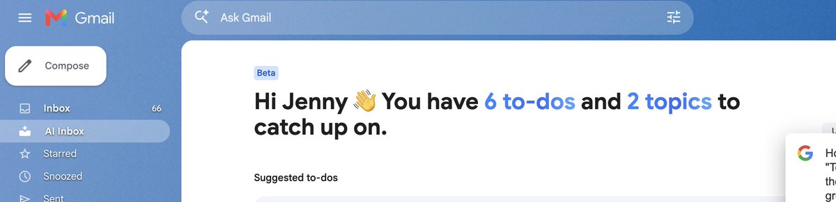 Jenzheny's tweet photo. Woah @gmail just added an AI Inbox in my account. 

Does this mean I don't have to do any integration/permission-release with any of the other AI platforms? @GeminiApp will suffice. https://t.co/Vhd1OfQHOH