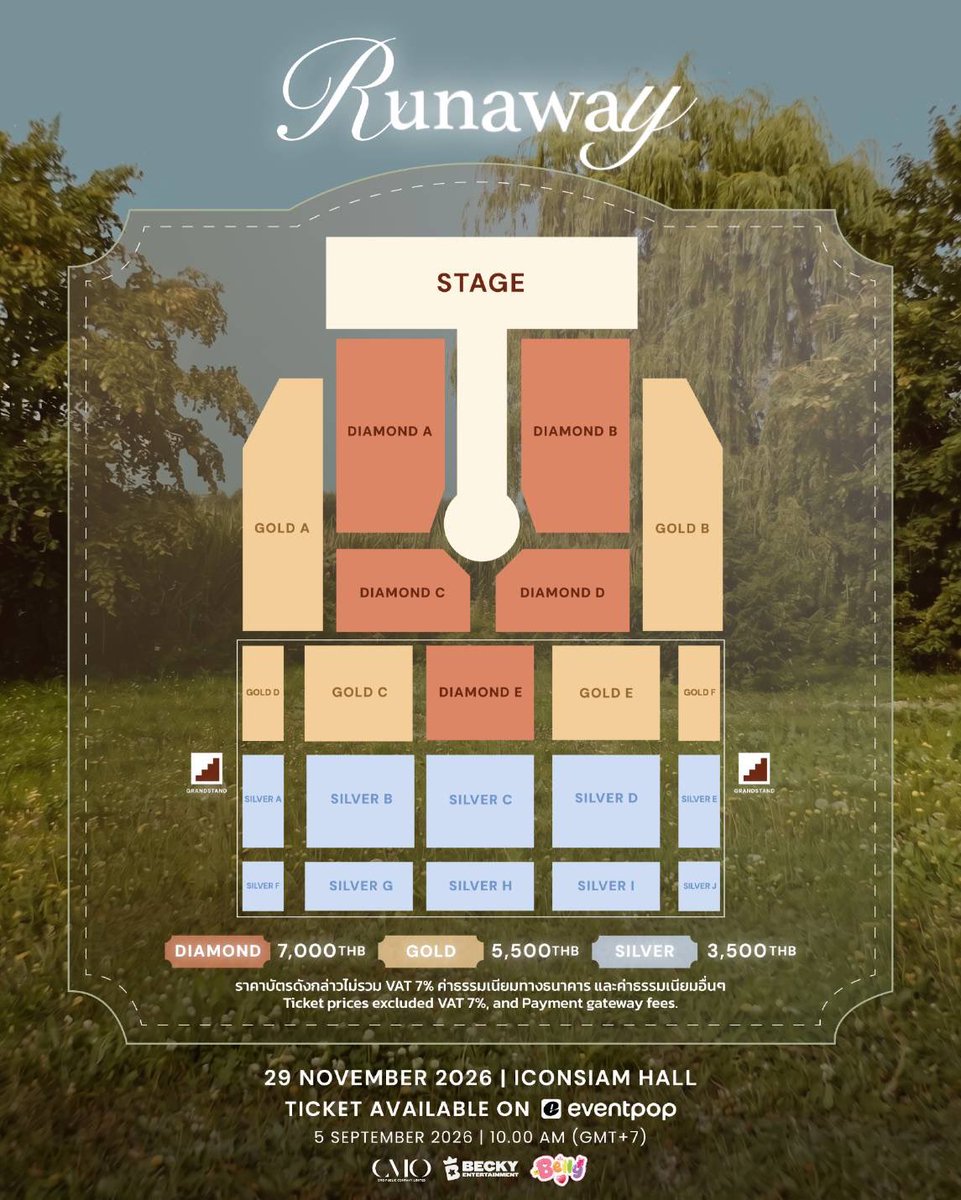 CM2Connect's tweet photo. “เบ็คกี้ รีเบคก้า” ชวนทุกคนสัมผัสโมเมนต์แสนพิเศษใน “Runaway Concert 2026” 29 พ.ย. นี้

      Becky Entertainment เตรียมจัดงาน “Runaway Concert 2026” คอนเสิร์ตเดี่ยวสุดพิเศษของศิลปินและนักแสดงสาวมากความสามารถ“เบ็คกี้ รีเบคก้า แพทรีเซีย อาร์มสตรอง” พร้อมชวนแฟน ๆ เหล่า Becky's Angels มาร่วมสัมผั���ช่วงเวลาของการเดินทางแห่งการเริ่มต้นใหม่ไปด้วยกัน เพราะทุกก้าวย่างนำมาซึ่งจุดหมายของความฝัน ผ่านคอนเซ็ปต์ที่สะท้อนตัวตนของ “เบ็คกี้ รีเบคก้า” โดยถ่ายทอดเรื่องราวผ่าน 3 พาร์ต ได้แก่ “Beyond the name.” “Ready to wonder.” และ “The golden chapter.”  สำหรับการจัดคอนเสิร์ตในปีนี้ยังคงมีความยิ่งใหญ่และความสมบูรณ์แบบด้วยงานโปรดักชันระดับชั้นนำจาก CMO GROUP ผู้นำด้านการสร้างสรรค์และบริหารจัดการงานอีเวนต์ครบวงจร ตลอดจนงานคอนเสิร์ตและเฟสติวัล ที่กลับมาร่วมเนรมิตเวที แสง สี เสียง สุดตระการตาให้แฟนๆ ได้ประทับใจทุกโมเมนต์เช่นเคย

โดย “Runaway Concert 2026” จะจัดขึ้นในวันอาทิตย์ที่ 29 พฤศจิกายน 2569 ณ ICONSIAM HALL ชั้น 7 ศูนย์การค้าไอคอนสยาม และเริ่มจำหน่ายบัตรวันที่ 5 กันยายนนี้ เป็นต้นไป ทาง  https://t.co/ydv5ADsYIX บัตรราคา 7,000 บาท / 5,500 บาท / 3,500 บาท 

นอกจากนี้ สำหรับผู้ที่ซื้อบัตรราคาสูงสุด จะมีสิทธิ์ซื��อแพคเกจ BECKY’S ANGELS EXPERIENCE ซึ่งจำกัดสิทธิ์เพียง 250 สิทธิ์เท่านั้น โดยให้สิทธิ์ตามลำดับการชำระเงินเสร็จสมบูรณ์ก่อน-หลัง (First-Come, First-Served) สามารถติดตามรายละเอียดต่างๆ เพิ่มเติมของคอนเสิร์ตครั้งนี้ได้ในทุกช่องทางโซเชียลมีเดียทุกแพลตฟอร์มของ Becky Entertainment 
________________________

#BeckyConcert2026  #RunawayConcert 
#BeckysAngels  #BeckyEntertainment
#CMOGroup