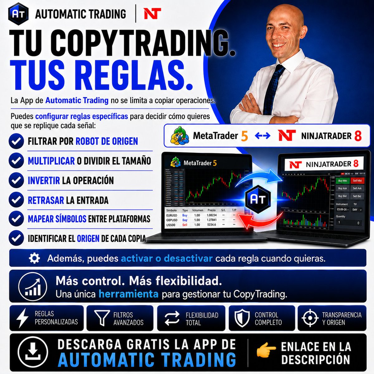 Autotradingnet's tweet photo. Ten tu App de Automatic Trading con copytrading MT5-Ninjatrader, conexión entre ambas plataformas, estrategias automatizadas listas para que las uses, control del riesgo, filtro de noticias y mucho más.
Descarga gratis: https://t.co/DkfD5xrb6b
#Trading #MetaTrader #NinjaTrader https://t.co/Iq4XCKd8LX