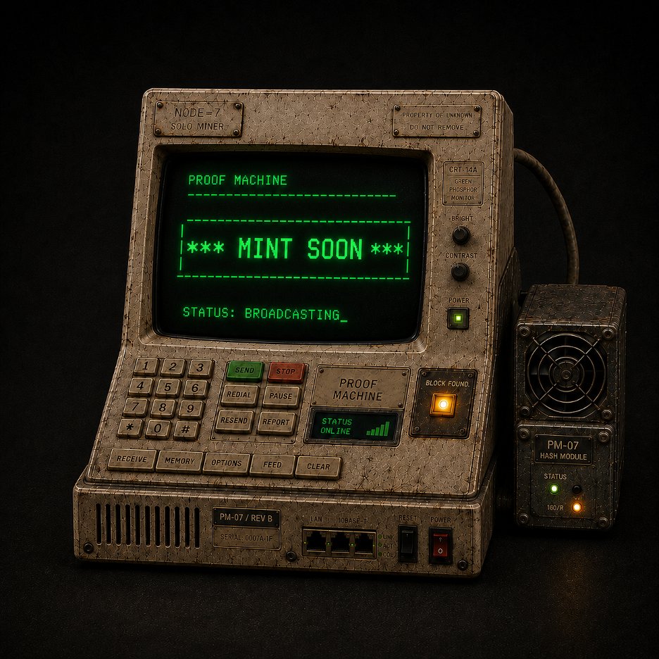ProofMachines's tweet photo. THE ARCHIVE OPENS AT 12:00 UTC.
7,777 Proof Machines are waiting to come online.

🖥 Mint: https://t.co/eNZtKLuBP5

Whitelist submissions are still open — if you haven’t submitted your wallet yet, this is your window.

📝 WL Form: https://t.co/kU2BVxT9v6

Once the machines start running, being early won’t be an option anymore.