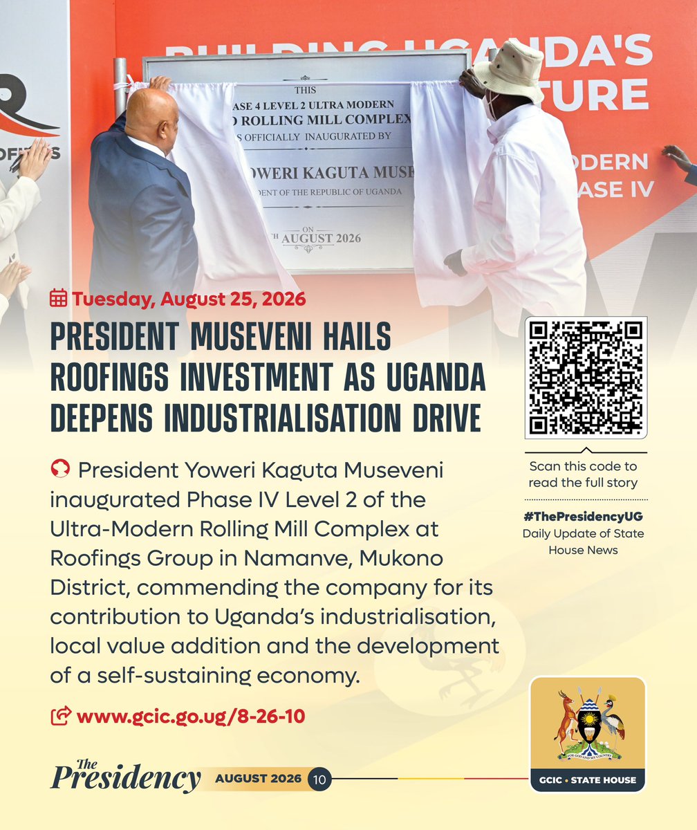 GCICUganda's tweet photo. President Yoweri Kaguta Museveni continues to champion Uganda’s industrialisation journey. At Roofings Namanve, he inaugurated Phase IV Level 2 of Roofings Group’s Ultra-Modern Rolling Mill Complex, marking another step towards local production and value addition.

He highlighted the investment’s contribution to industrialisation, local value addition, and job creation.

#ThePresidencyUG