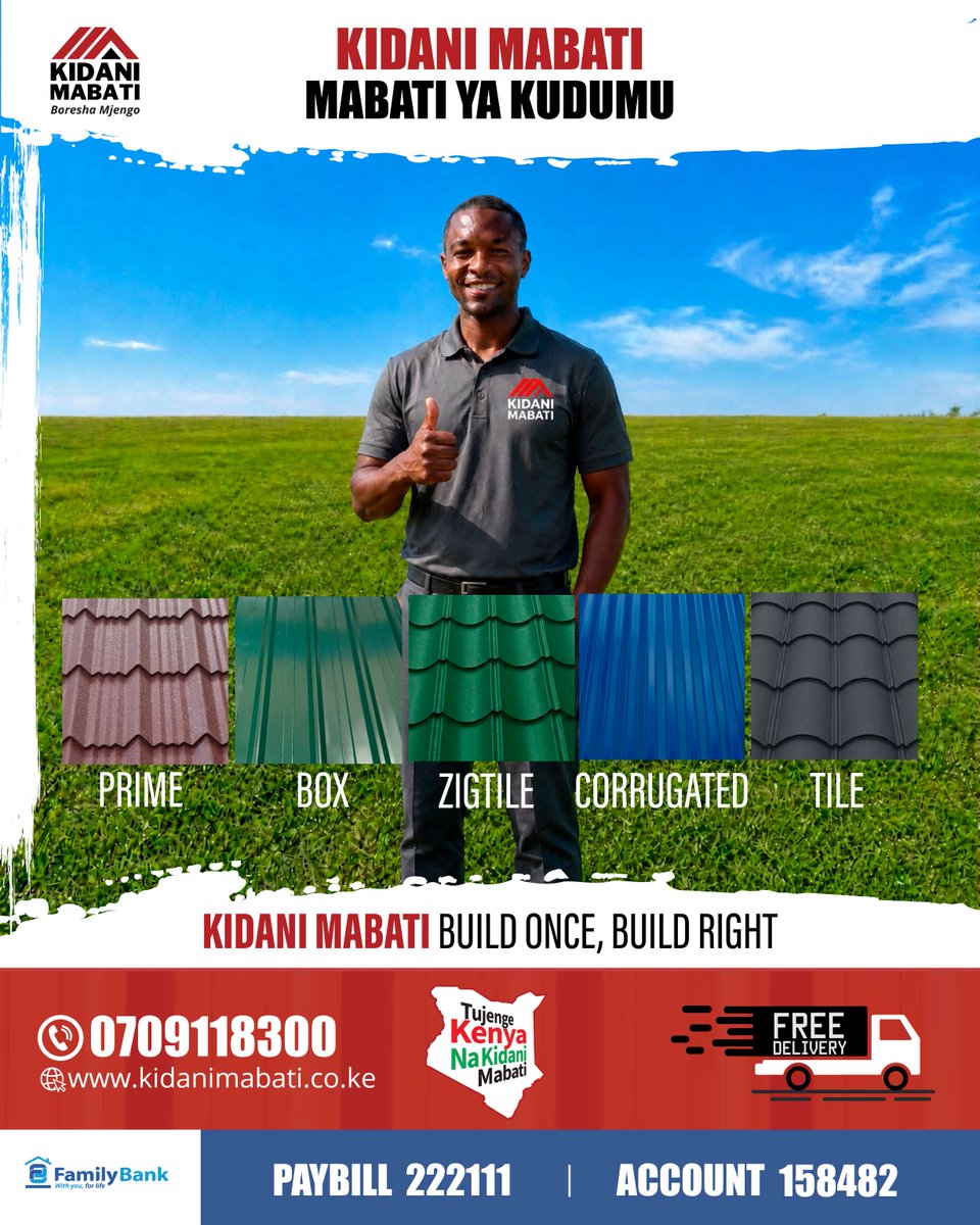 kidanimabati's tweet photo. Unajenga? Usichague mabati kiholela. Chagua Kidani Mabati, quality roofing profiles za Build Once, Build Right.

🔥 Prime | Box Profile | Zigtile | Corrugated | Tile
🚚 FREE DELIVERY COUNTRYWIDE
💰 50% deposit, 50% upon delivery

📞 0709 118 300
💳 PAYBILL: 222111
🔢 ACCOUNT: 158482
🌐 https://t.co/dpnunjWAA3

Tujenge Kenya na Kidani Mabati.