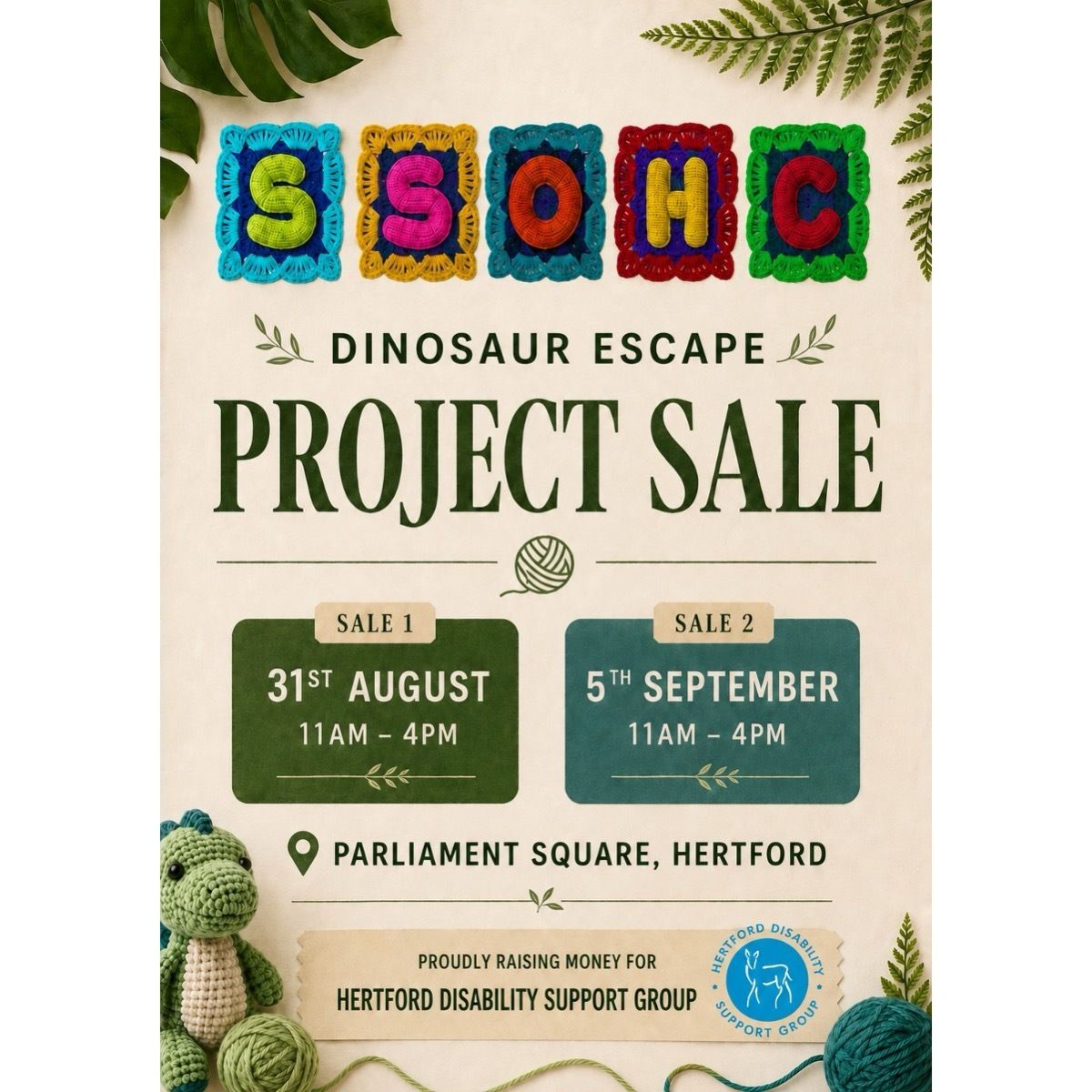 YarnBomber100's tweet photo. The dinosaurs &amp; other assorted bits need a forever home!
Visit us in Parliament Square, Hertford, today from 11 till 4 today (bank holiday Monday) &amp; pick up a piece of Hertford history in exchange for a donation to the Hertford Disability Support Group. https://t.co/WE9zRC9E3n
