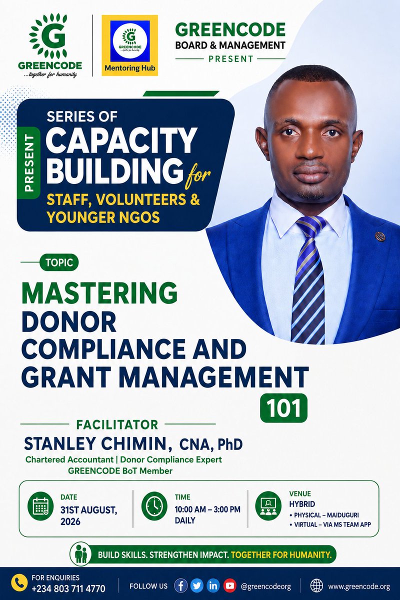 greencode12's tweet photo. Don't miss out Today session....
This capacity-building session is designed to strengthen participants' knowledge and practical skills in donor compliance, grant management, accountability, and effective stewardship of project resources.

 #capacitybuilding #DonorCompliance https://t.co/swkm9mSFp2