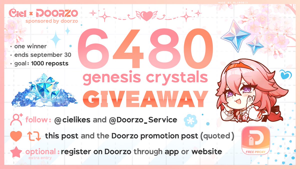 cielikes's tweet photo. 𐙚 get 1x 6480 genesis crystals for FREE ! 

one winner 
check the picture for all rules !! 

✦ reply with who you’re saving for 
✦ extra entry: sign up through my doorzo link in the quoted post + share ss

ends september 30 ꒰ა ♡ ໒꒱

#doorzo #genshinimpact https://t.co/rJ2qQC8ZQM