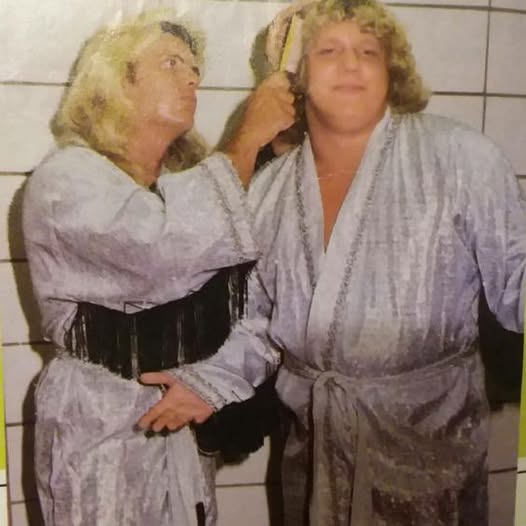 GaryCappetta's tweet photo. Michael Hayes doesn't look thrilled to be primping an unusually welcoming Terry Gordy . . . https://t.co/9APTNYmxYh
