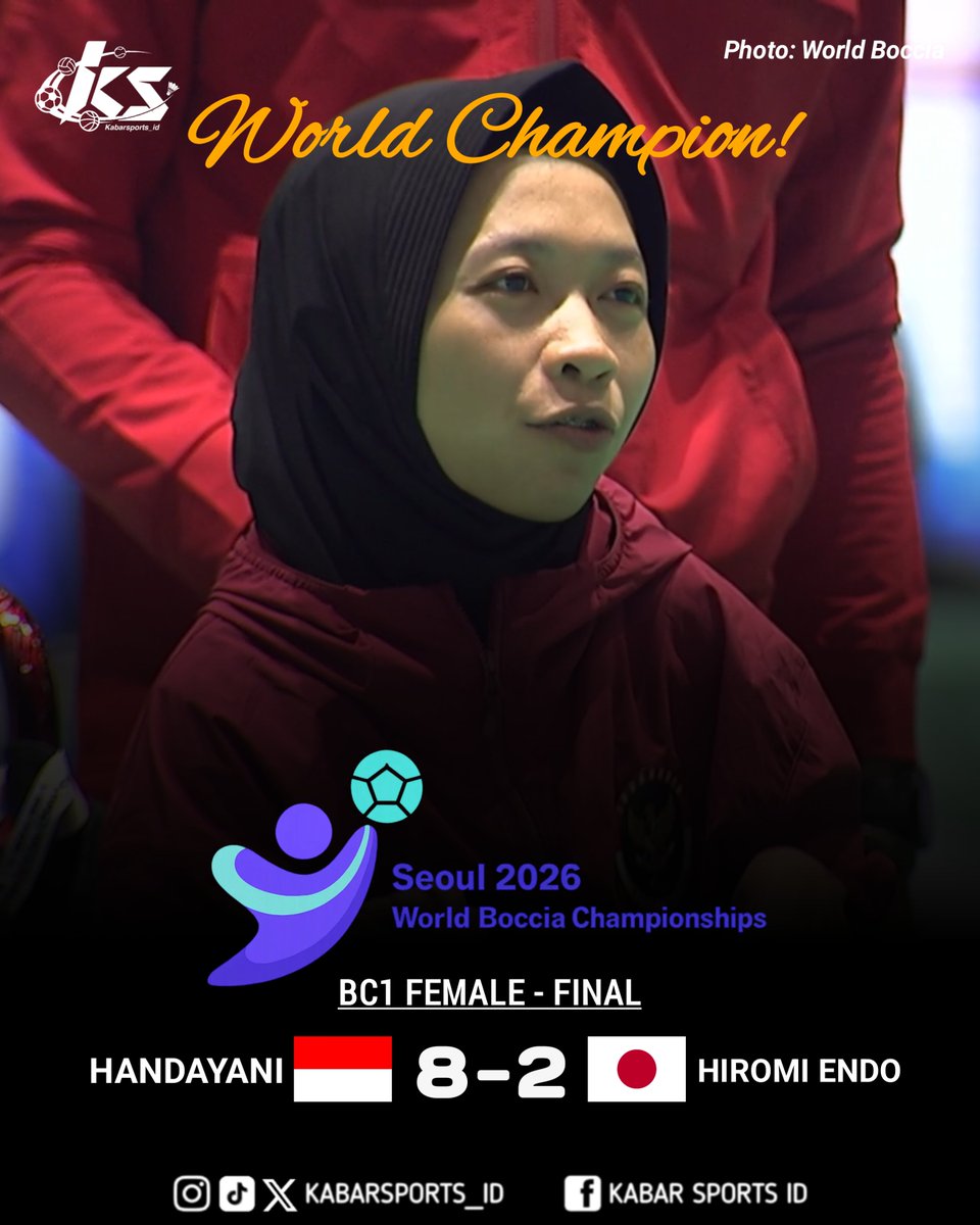kabarsports_id's tweet photo. World Boccia Championships 2026

Indonesia berhasil meraih 2 gelar juara &amp; 1 runner-up dari nomor individual dalam Kejuaraan Dunia Boccia yang berlangsung di Seoul, Korea Selatan. 

Ini menjadi sejarah untuk pertama kalinya Indonesia meraih gelar Juara Dunia Boccia.

#Boccia https://t.co/6CIxuCJLWL