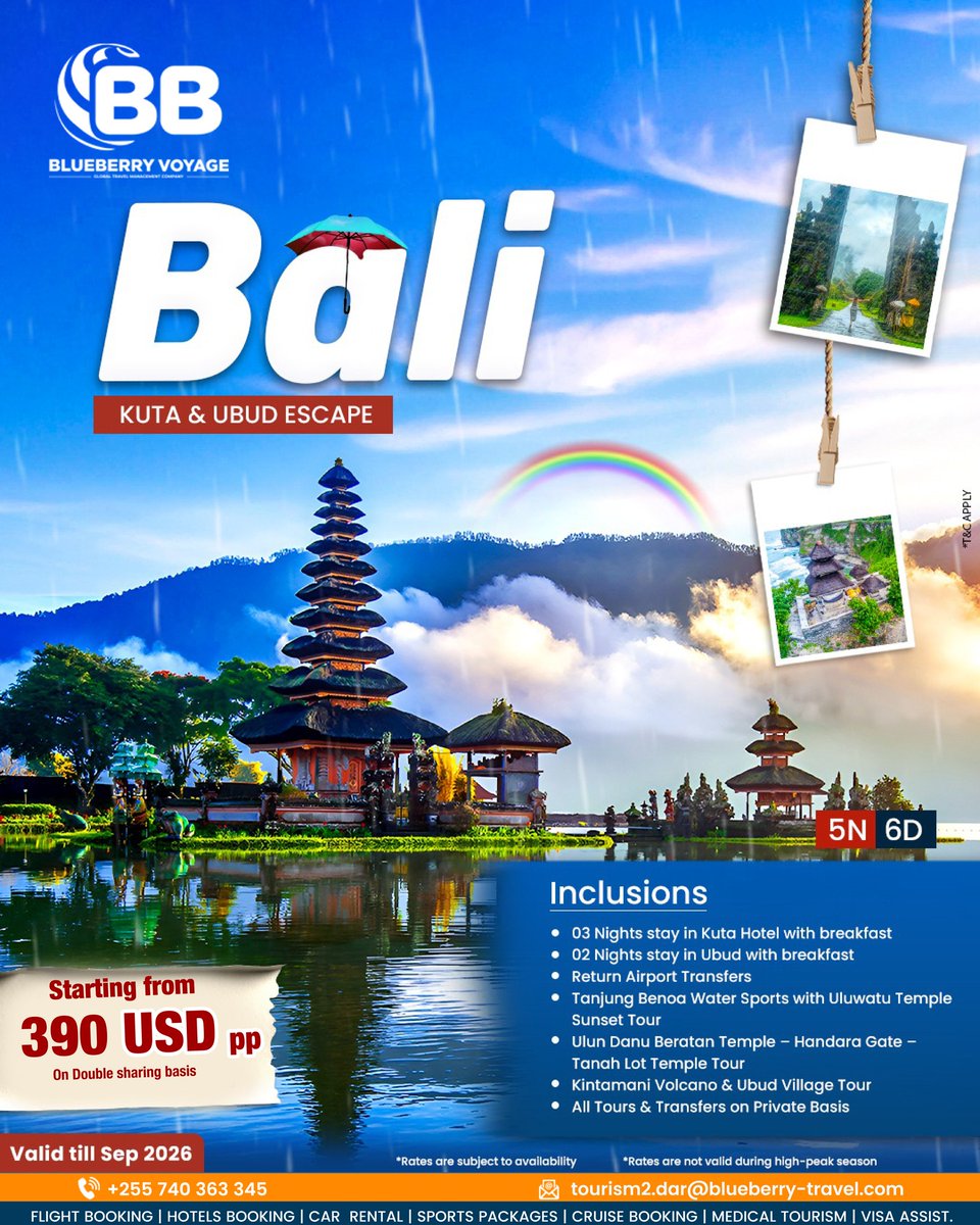 ailadi3's tweet photo. Escape to Bali with 5 Nights / 6 Days in Kuta &amp; Ubud. Explore temples, scenic landscapes, water sports and cultural experiences. From USD 390 per person, double sharing. Offer valid until September 2026. https://t.co/YVidSIt3Zw