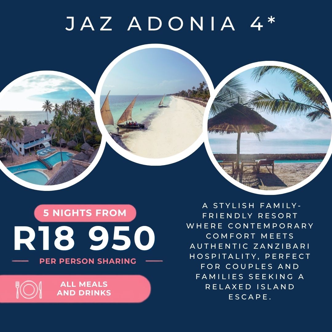 AuroraPanq's tweet photo. Discover Zanzibar with JAZ Hotels Collection. Choose a romantic adults-only retreat, family escape or five-star all-inclusive luxury. From R18, 950 pps for 5 nights, including flights, transfers, meals, drinks and accommodation. Valid 2-31 October https://t.co/G2Fr3F4H5A