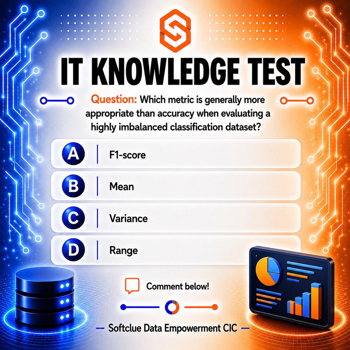 SoftclueAcademy's tweet photo. Question of the day;
Which metric is generally more appropriate than accuracy when evaluating a highly imbalanced classification dataset?
#softclue #techinnovations #questionoftheday #dataanalysis #dataanalytics https://t.co/3WMmYCb1Kz