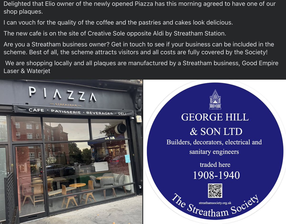 SocStreatham's tweet photo. Welcome to Streatham Elio and his new cafe. Watch this space for a plaque which will be installed in September 2026 #streathamhistory #newtostreatham https://t.co/R4fIuCLFyt