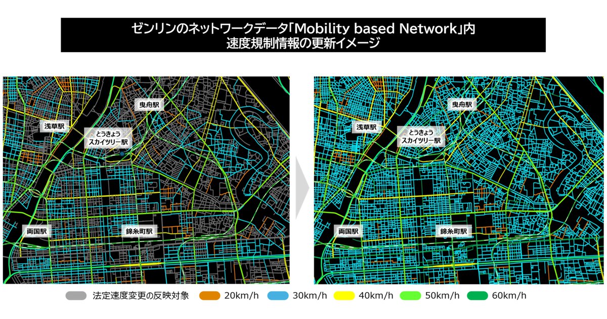 ZENRIN_official's tweet photo. 9月から、中央線や車両通行帯のない生活道路の自動車の法定速度が時速60km→30kmに引き下げられます。

東京・浅草付近を例に、引き下げ前後を地図で比較してみました🗺️
対象となる道路は意外と身近なところにも。安全運転を心がけましょう！ https://t.co/dEO4pt4z6O