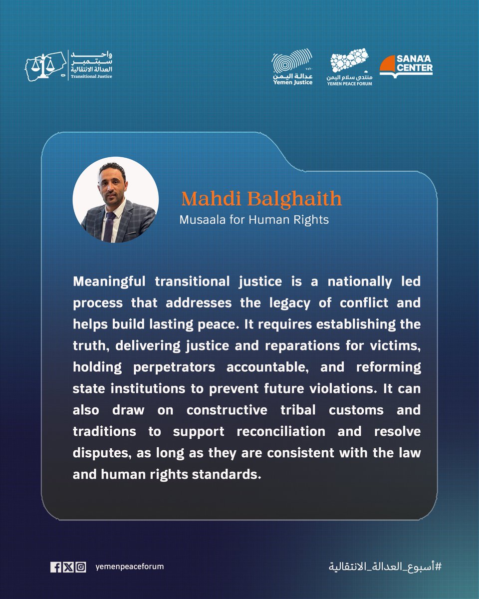 SanaaCenter's tweet photo. Mahdi Balghaith of Musaala for Human Rights shares why transitional justice matters for addressing the legacy of conflict and building lasting peace in Yemen.
#TransitionalJustice #Yemen #TransitionalJusticeWeek https://t.co/MbxqL1J9I0