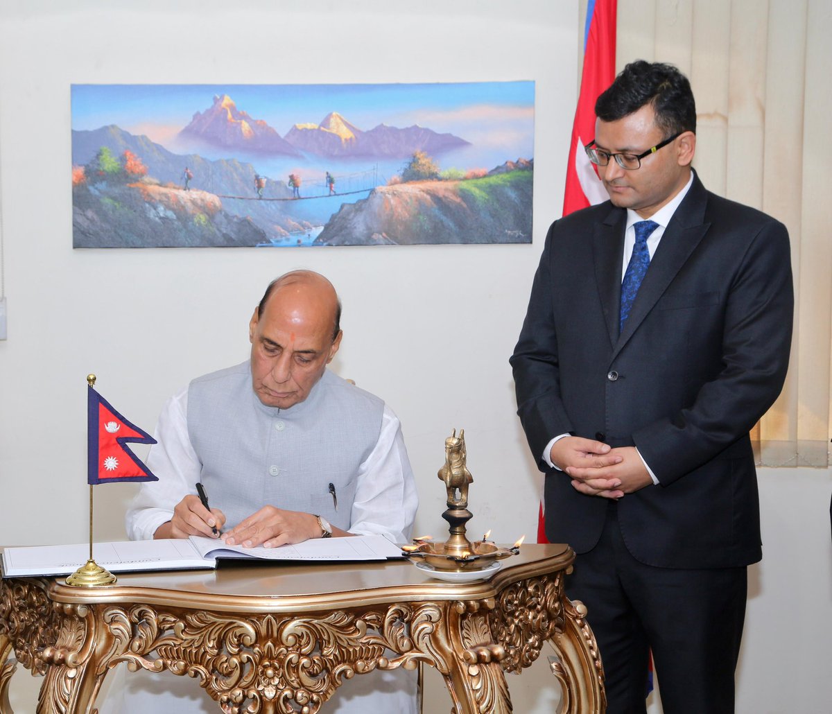 rajnathsingh's tweet photo. Went to the Embassy of Nepal in New Delhi and expressed my condolences by signing the condolence book. 

On behalf of the Government and people of India, I extend my deepest condolences to the people of Nepal and their Government, on the loss of precious lives and large-scale devastation caused by the flash flood on 26 August 2026. This tragic natural calamity has affected citizens of Nepal along with a  number of foreign nationals including Indian nationals. Our thoughts and prayers are with the families of those who lost their lives in this disaster. We hope for speedy recovery of those who were injured.

As a close friend and partner, and ‘Sukh Dukh Ke Saathi’, India has always stood by Nepal. In this trying time also, we stand shoulder to shoulder with our Nepali brothers and sisters and are committed to support Nepal's efforts for search, rescue and rehabilitation.