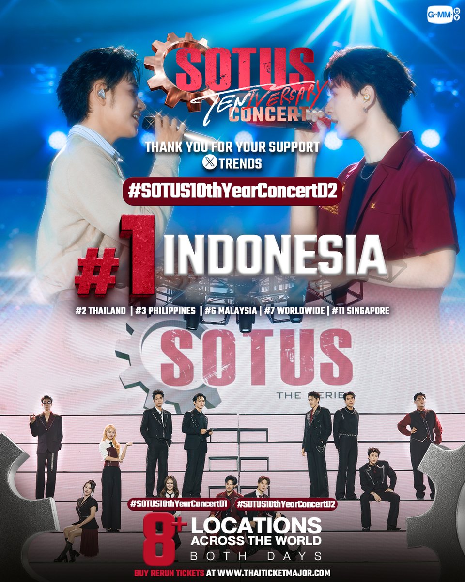 GMMTV's tweet photo. ขอบคุณทุกความรักที่มาร่วมสร้างความสนุกในรอบ 10 ปีใน  SOTUS TENIVERSARY CONCERT ⚙ จนทำให้ติดเทรนด์อันดับ 1 บน X INDONESIA รวมไปถึงอันดับอื่นๆ อีกหลายพื้นที่ทั่วโลกตลอดทั้ง 2 วัน ไว้มาสร้างความสนุกด้วยกันใหม่ในโอกาสหน้านะครับ ❤️

BUY RERUN TICKETS : https://t.co/6iufjndImK

#SOTUS10thYearConcertD1
#SOTUS10thYearConcertD2
#GMMTV