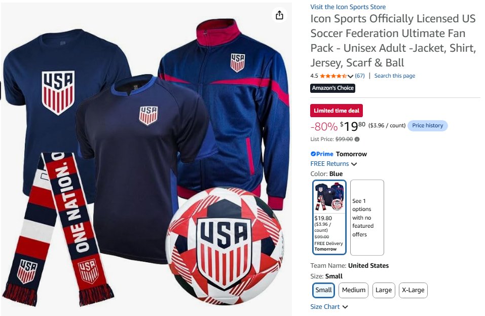 GlitchedDeals's tweet photo. 80% OFF US SOCCER LICENSED FAN PACK

This 5-piece officially licensed USA bundle is now $19 at Amazon, was $99

https://t.co/6iypTgIQXo

Comes with a jacket, shirt, jersey, scarf, and a soccer ball

Comes out to under $4 per item, free shipping for Amazon Prime members #ad https://t.co/vWJzUlvhcF