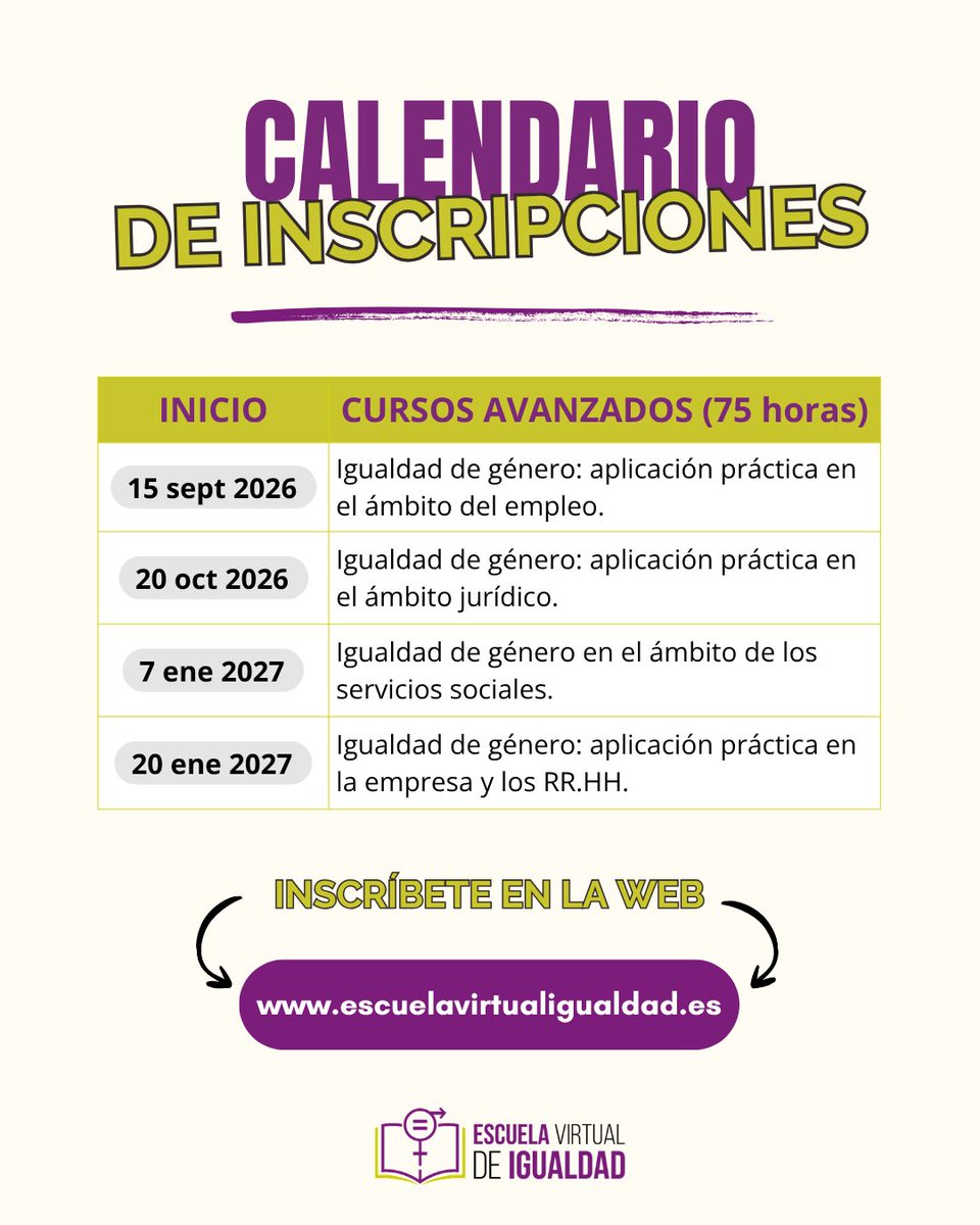 InstMujeres's tweet photo. 📚 Nueva edición de formación en la Escuela Virtual de Igualdad del Instituto de las Mujeres.

Estamos a punto de abrir nuevas convocatorias para nuestros cursos online y adelantamos el calendario con todas las fechas de inicio de inscripciones. https://t.co/iBEfowEXAM