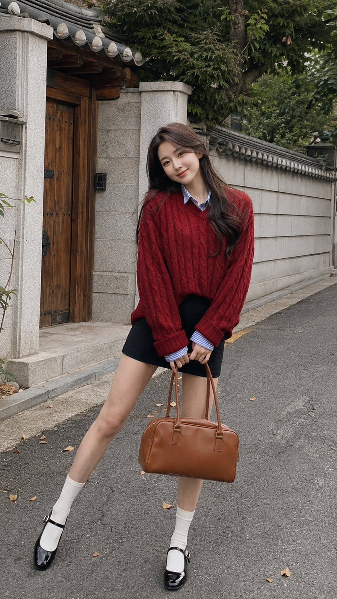 lnxio8023's tweet photo. Prompt — “After the Rain, Seochon”
Create an ultra-realistic candid Korean street-fashion portrait of a beautiful young adult East Asian woman standing outside a small independent bookstore in a quiet Seoul neighborhood just after rain.
She has long soft chestnut-brown waves with airy face-framing layers, naturally luminous semi-matte skin, delicate almond-shaped eyes, subtle rosy blush, soft brown eyeliner, separated lashes, and glossy muted rose-pink lips. Her expression is warm, slightly shy, and quietly playful, as if she has just noticed a friend taking her photo.
She wears an oversized deep burgundy cable-knit cardigan loosely buttoned over a pale blue striped collared shirt, paired with a charcoal pleated mini skirt, dark espresso knee-high socks, and polished black leather Mary Jane shoes. A structured caramel-brown leather handbag hangs naturally from one hand, while the other hand lightly gathers the cardigan sleeve near her cheek.
Pose: standing beside the bookstore doorway with her body angled slightly away from the camera, one foot resting on the edge of the curb and the other planted naturally. Her head turns back toward the lens with a soft smile. A light breeze moves a few strands of hair and the hem of her skirt, creating an effortless candid feeling.
Environment: narrow residential lane in Seochon, Seoul, with weathered brick walls, dark wooden doors, handwritten bookstore notices, stacked books visible through the window, small potted plants, utility poles, muted Korean signage, and wet pavement reflecting warm interior light. A bicycle and a few fallen autumn leaves appear softly in the background.
Lighting: blue-hour ambient light mixed with warm tungsten glow spilling from the bookstore window. Wet pavement creates subtle reflections. Soft overcast sky, no harsh shadows, gentle highlight bloom around warm lights.
Camera: handheld 35mm film-style street photography, slightly imperfect framing, eye-level perspective, 50mm lens feel, shallow depth of field, realistic skin pores, detailed knit texture, subtle film grain, slightly muted colors, soft highlight roll-off, natural contrast.
Mood: cozy, youthful, nostalgic, quietly romantic, Korean neighborhood diary aesthetic, effortless fashion editorial, intimate but not staged.
Color palette: burgundy, dusty blue, charcoal gray, caramel brown, warm amber light, cool wet pavement.
Negative Prompt: plastic skin, doll-like face, excessive beauty filtering, exaggerated body proportions, overly posed fashion stance, distorted hands, extra fingers, warped shoes, artificial bokeh, oversaturated colors, harsh HDR, studio lighting, CGI, anime, watermark, logo, unreadable text.
--ar 9:16 --style raw