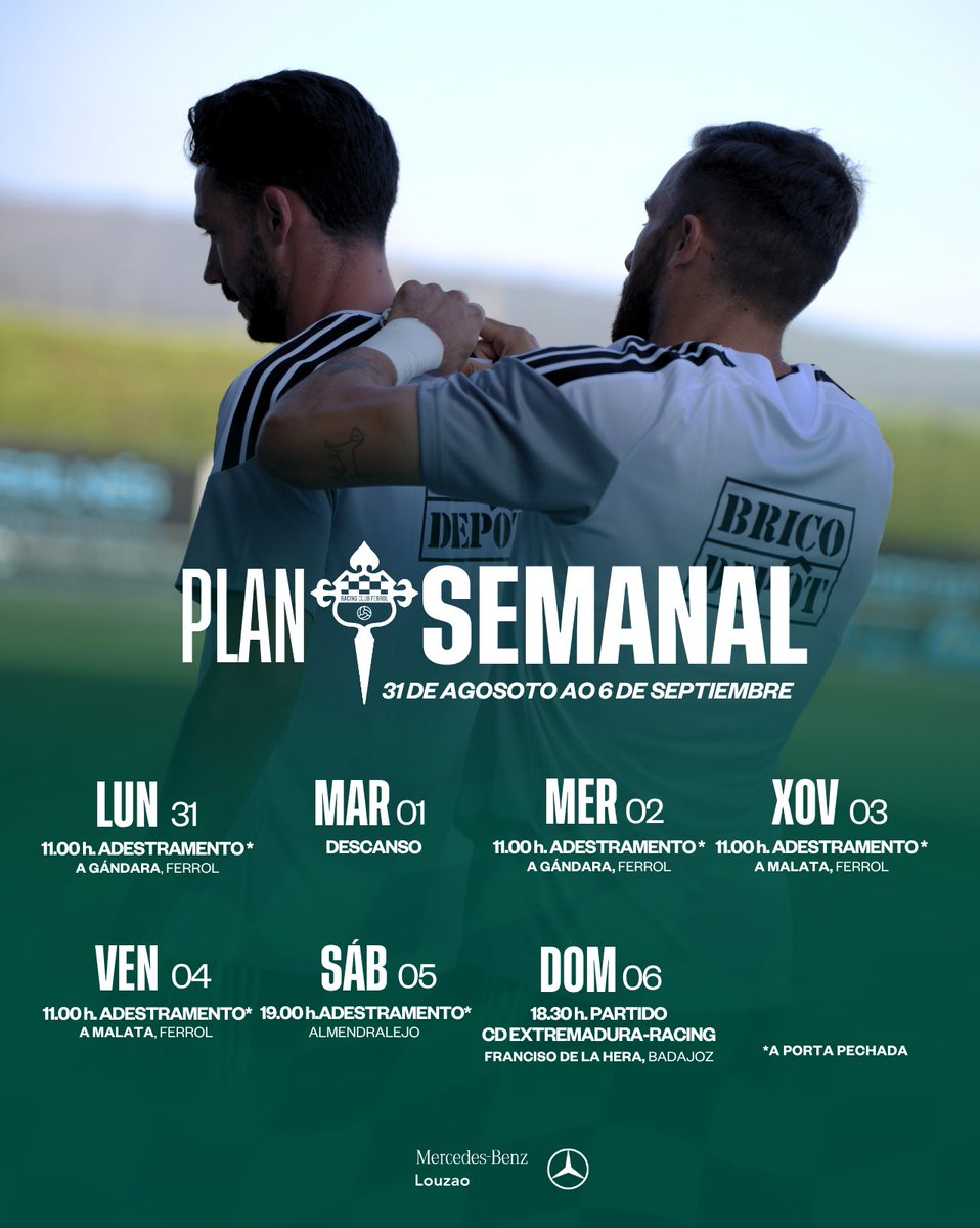 racingferrolsad's tweet photo. PLAN SEMANAL | 🔜 #ExtremaduraRacingClubFerrol

Desde xa preparando a seguinte xornada 🔥⚽

🔛 #SoñarEnGrande #PrimeraFederación #MercedesBenzLouzao https://t.co/doHuE5FBQO