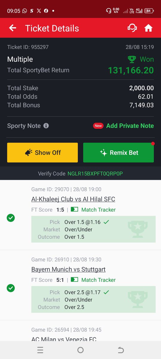 ExButNotConvict's tweet photo. @Cyberjoe19 @SportyBet @SportyBetNG Mine has been settled, thank u lord for this 🙏😫😫 https://t.co/QY97uXX3D4