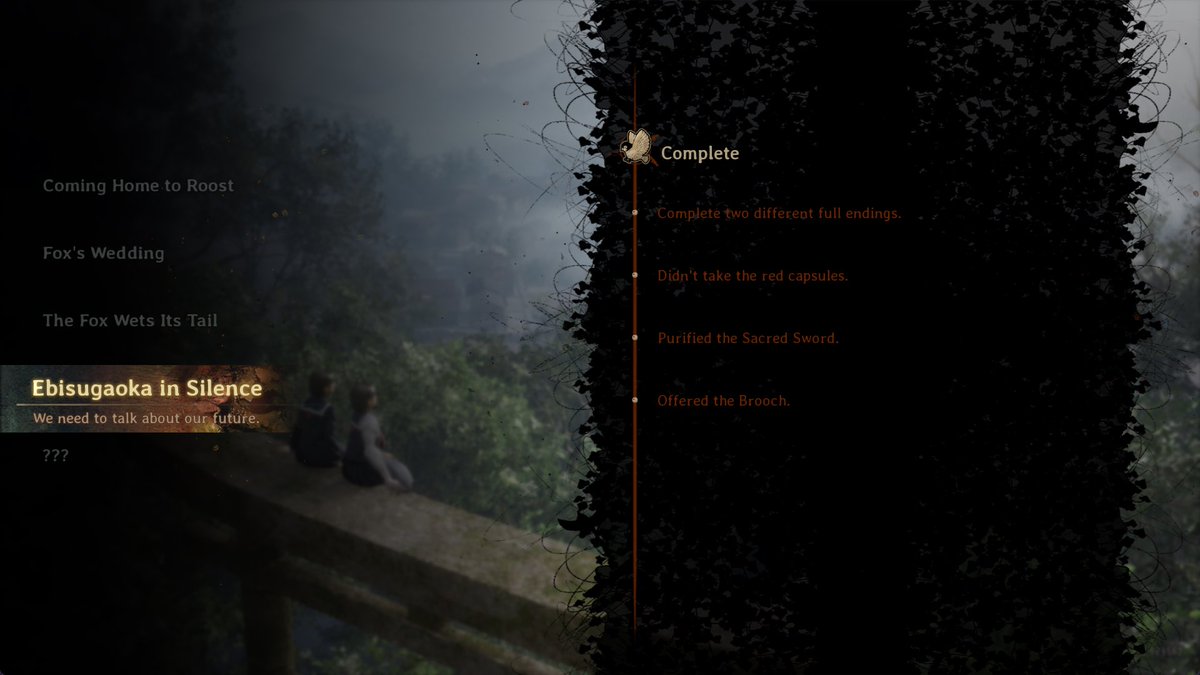 timebreadroll's tweet photo. Done with the 4 main story endings of Silent Hill f! I find the final ending very.. open-ended so to say. I’d compare it to the My Future Self school assignment in Hinako’s room that’s just a blank page. More thoughts on EiS below but overall this game has an iron grip on me https://t.co/j5NIxDNhRt