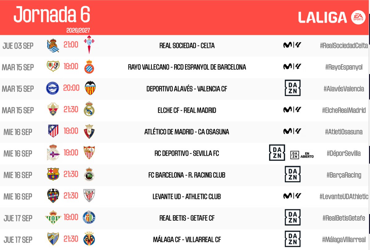 LevanteUD's tweet photo. 🕒Horarios confirmados:

🏟️ J5 | vs @FCBarcelona_es (13/09 - 16:15H)
🏟️ J6 | vs @AthleticClub (16/09 - 21:30H)
✈️ J7 | vs @VillarrealCF (20/09 - 18:30H)

#LevanteUDBarça #LevanteUDAthletic #VillarrealLevanteUD https://t.co/zUDbCCmYGv