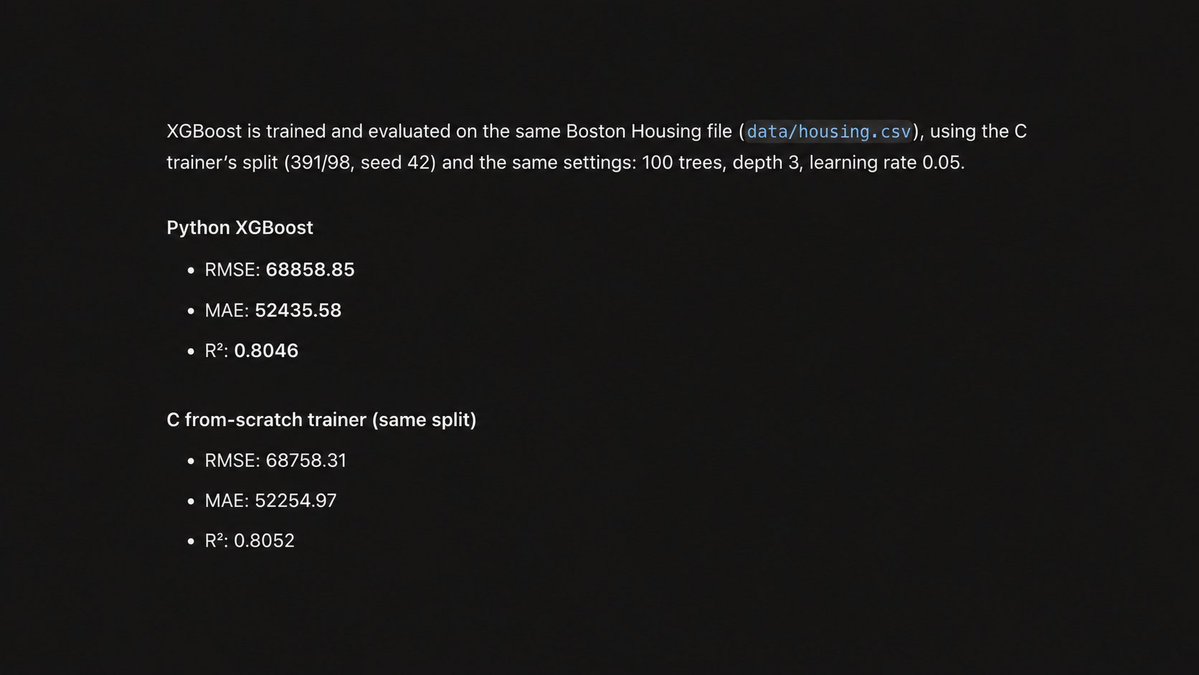 sidmanale643's tweet photo. A friend gave me a brutal benchmark for Ares, my self-improving RLM harness:

-> build an ML/DL library from scratch in C
-> then implement + train XGBoost from scratch on Boston Housing dataset

Ares did it with GPT-5.6 Sol for <$0.20 and ~1% context usage.

I compared the implementation against python XGBoost using the same dataset split and hyperparameters

result difference: ~0.35%

I have found this to be a great benchmark for both agent accuracy and efficiency

checkout Ares:
https://t.co/Bj51ucXTjA