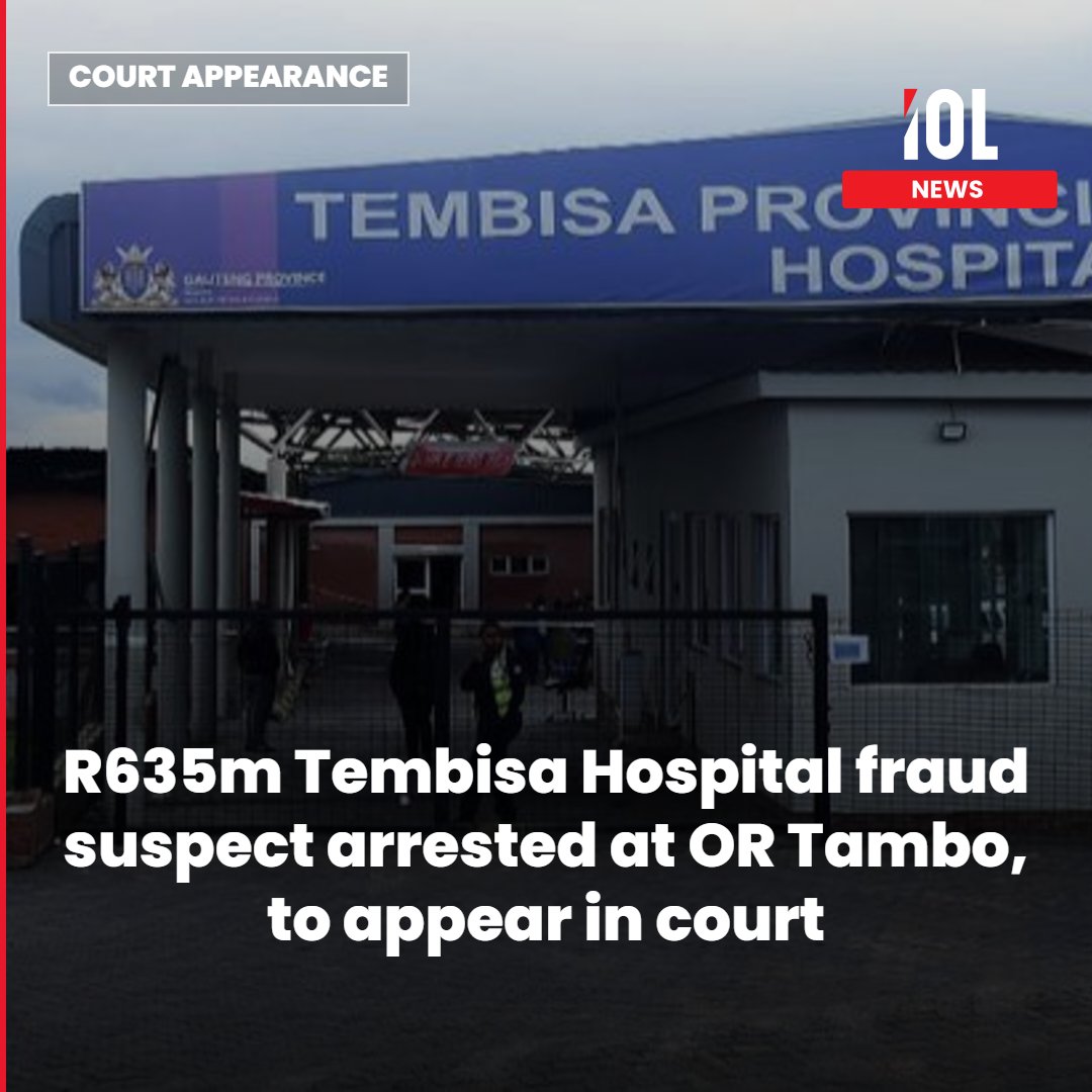 IOL's tweet photo. A 37-year-old suspect linked to R635 million at Tembisa Hospital is expected to appear in court after being arrested at OR Tambo International Airport upon returning from abroad.
Read on https://t.co/RSwQF2C1S7
#news #FraudArrest #HospitalScandal #CourtAppearance #TembisaFraud https://t.co/ak3QOT9mFn