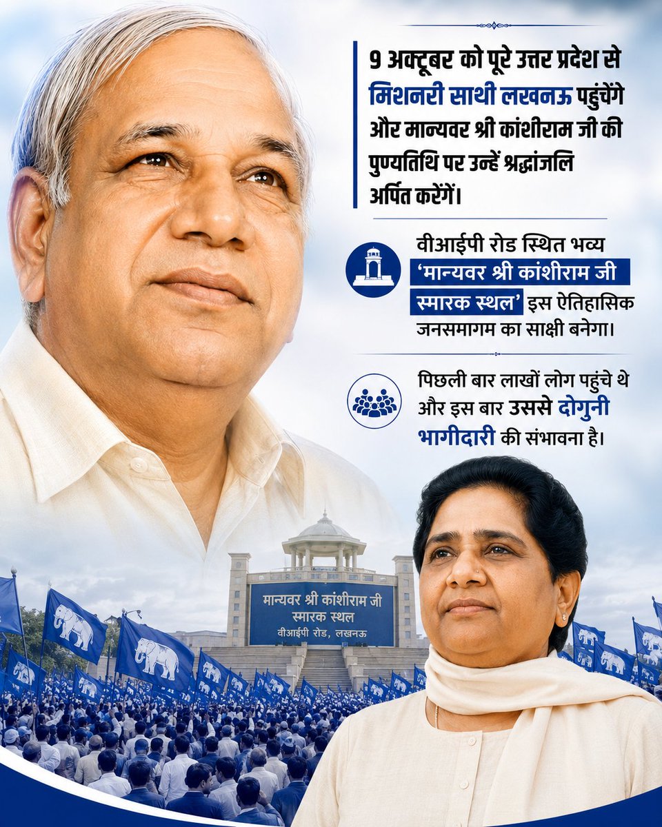 AashuBeniwal_'s tweet photo. 9 अक्टूबर यह वह दिन है जब बहुजन समाज अपने महानायक, अपने मार्गदर्शक और बीएसपी के जन्मदाता एवं संस्थापक मान्यवर श्री कांशीराम जी को श्रद्धापूर्वक नमन करता है।
इस बार उनकी पुण्यतिथि का कार्यक्रम लखनऊ के वीआईपी रोड स्थित भव्य ‘मान्यवर श्री कांशीराम जी स्मारक स्थल’ पर आयोजित होगा। https://t.co/K35KAvCBDx