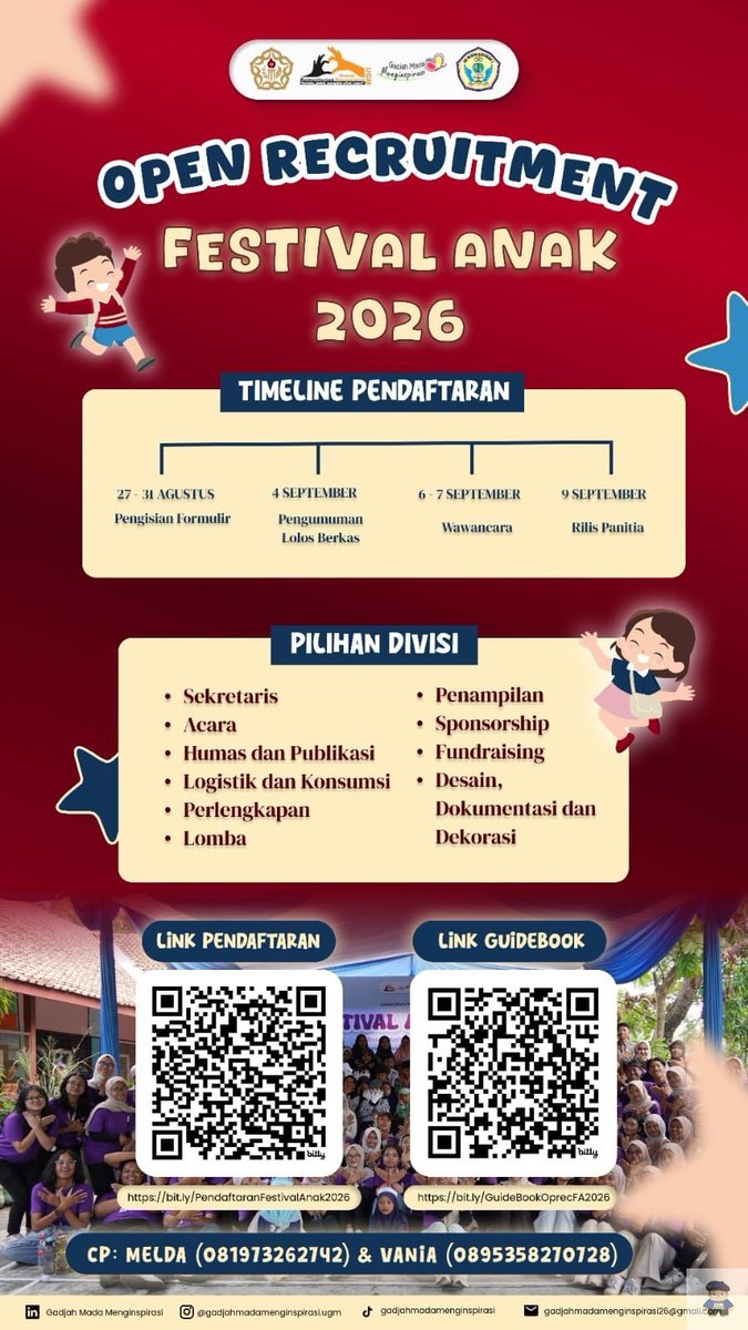 UGM_FESS's tweet photo. ✨🧚‍♂️ OPEN RECRUITMENT FESTIVAL ANAK 2026🧚‍♂️✨ 
Gadjah Mada Menginspirasi

Lewat festival ini, kita akan mengajak adik-adik SD untuk belajar, bermain, mengeksplorasi, dan berani bermimpi besar. Yuk, jadi bagian dari momen berharga ini sebagai VOLUNTEER!

yujiem https://t.co/3GZMTf8Sey