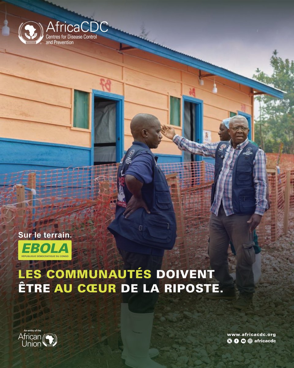 AfricaCDC's tweet photo. Ebola en RDC : derrière chaque cas, une vie, une famille, une histoire. Nos équipes agissent : surveillance, soins humains, prévention, mobilisation communautaire. Ensemble, protégeons les vies et plaçons les communautés au cœur de la riposte.

Africa CDC reste solidaire de la RDC et de tous ses partenaires pour vaincre Ebola. #AfricaResponds #EbolaResponse @stopebolaoff