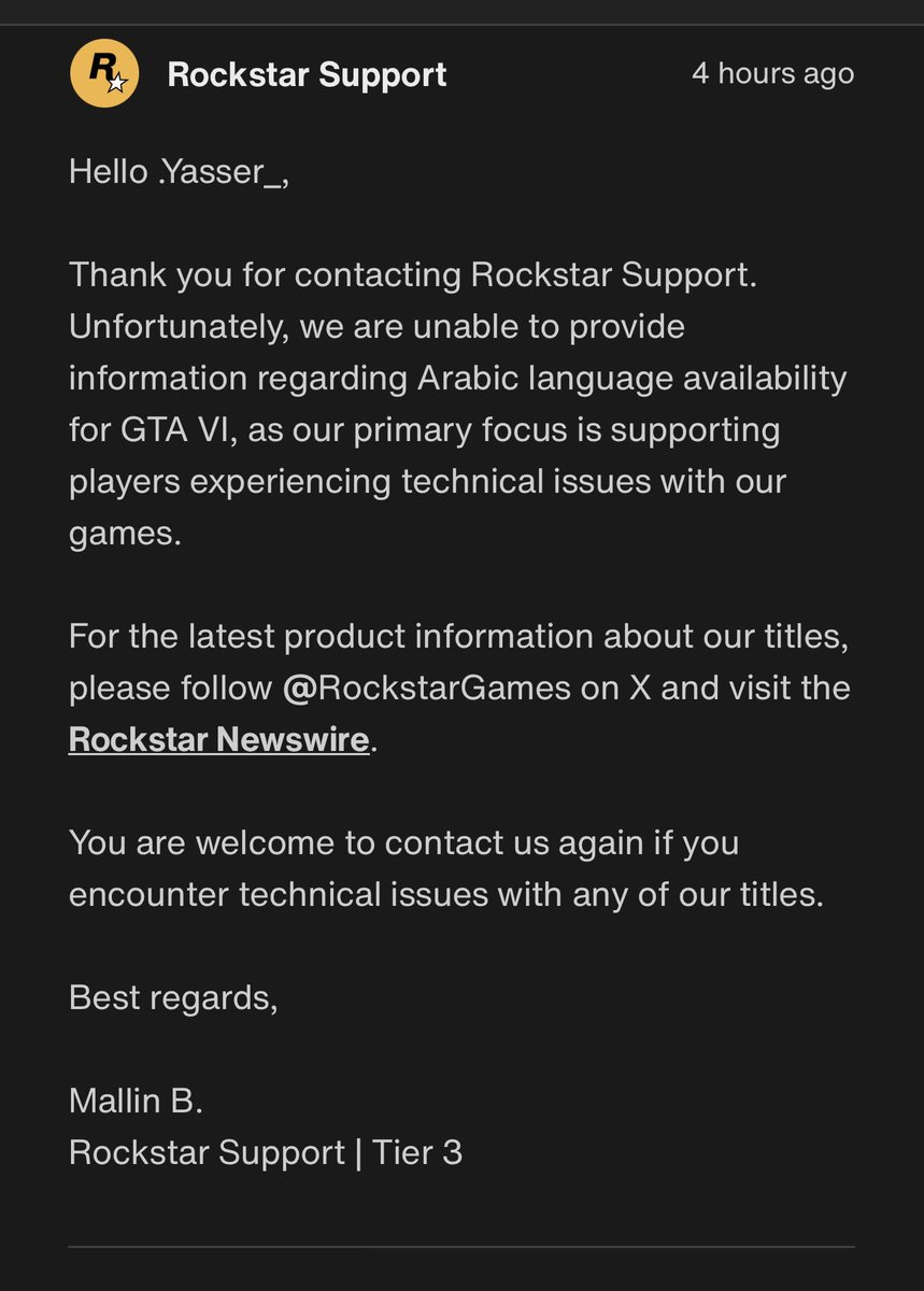 z29xt's tweet photo. تواصلت مع دعم روكستار وكان هذا ردهم : 

(( مرحبًا ياسر،

نشكرك على التواصل مع دعم روكستار.

للأسف، لا يمكننا تقديم معلومات بخصوص توفر اللغة العربية للعبة GTA VI، حيث ينصب تركيزن�� الأساسي على دعم اللاعبين الذين يواجهون مشكلات فنية مع ألعابنا.

للحصول على أحدث معلومات المنتج حول ألعابنا، يُرجى متابعة @RockstarGames على X وزيارة Rockstar Newswire.

نرحب بتواصلك معنا مرة أخرى إذا واجهت مشكلات فنية مع أي من ألعابنا.

مع أطيب التحيات ))

و ردو على احد الأتراك بنفس الكلام لذلك يخوان لا يوقف الكل يشارك و ينشر

#ArabicForGta6 
#GTA6بالعربي 
#Arabic 
#GTA6 
#ps5 
#TurkishForGta6