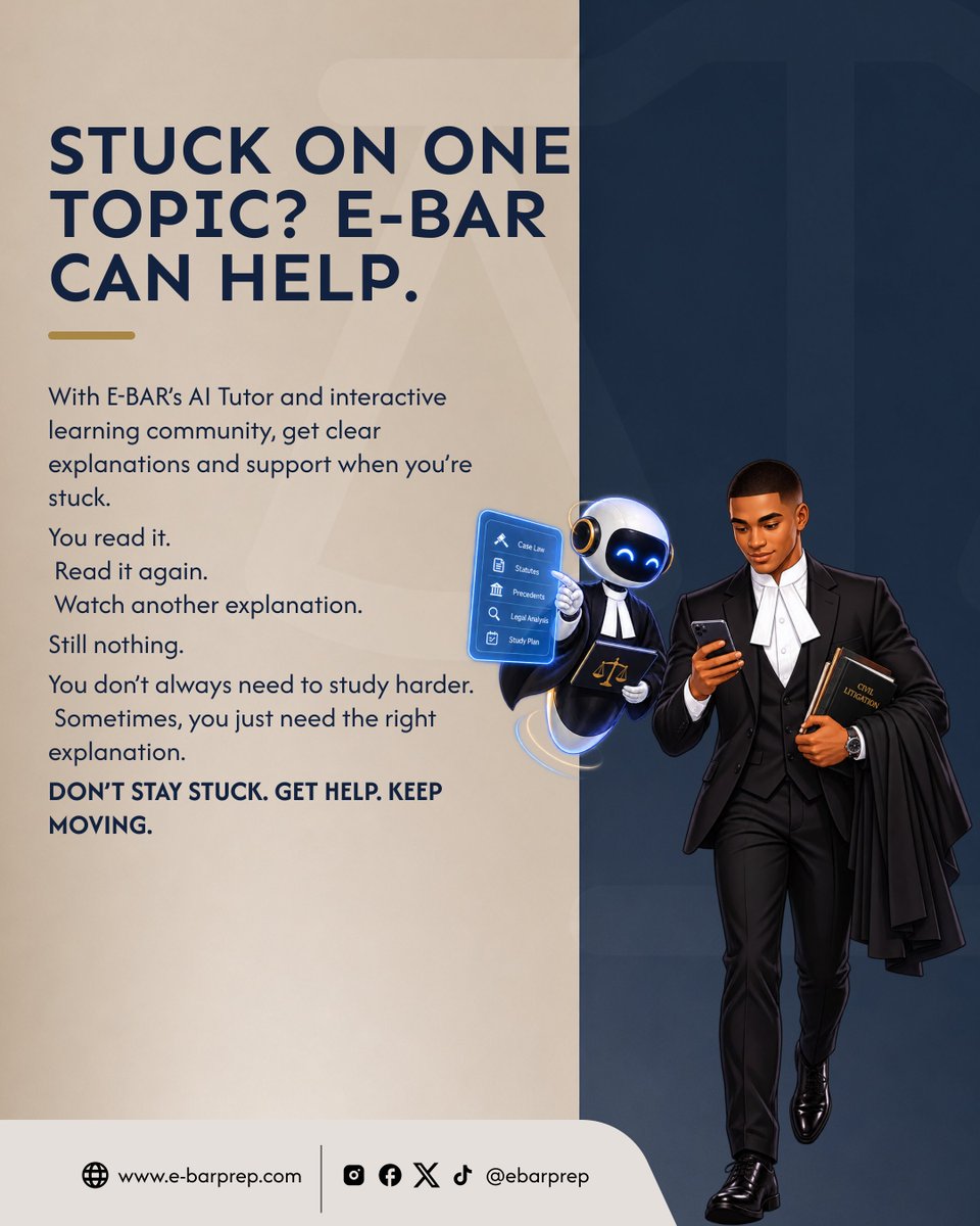 ebarprep's tweet photo. Stuck on a topic? Don’t stay stuck. ⚖️📚
With E-BAR’s AI Tutor and interactive learning community, you can get the explanations and support you need when a topic just isn’t clicking.
Read. Ask. Understand. Keep moving.
#EBARPrep #BarPrep #LawStudents #LegalEducation https://t.co/YPgfQeJQIC
