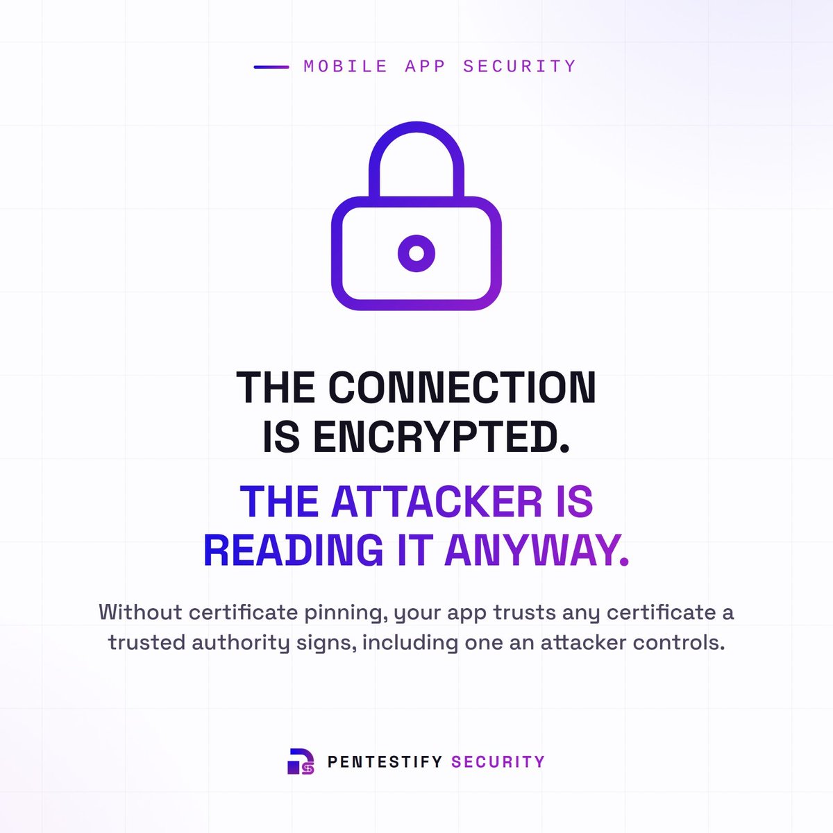 pentestify_sec's tweet photo. HTTPS ≠ Safe. 

Without #certificatepinning, an attacker can potentially intercept sensitive app traffic, even while the padlock shows.

Credentials. API keys. Payment tokens.

For Flutter apps, Android-level protection may not be enough 

 #APISecurity #PentestifySecurity https://t.co/ZH50399U1K