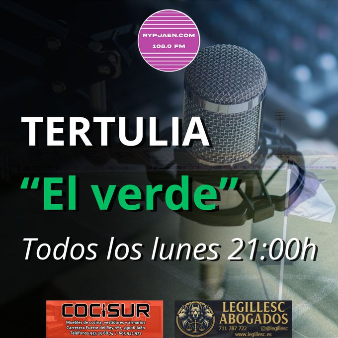 radioypuntojaen's tweet photo. ¡Hoy vuelve El Verde a @radioypuntojaen !. A partir de las 21h con el jugador del @RealJaenCF Fran Gallego hablaremos del magnífico debut del conjunto blanco en @Primera_RFEF 

En el 108 FM, https://t.co/9WAFRifHXi y app

Con la colaboración de Cocisur y Legillesc Abogados https://t.co/oO7SbYubeT