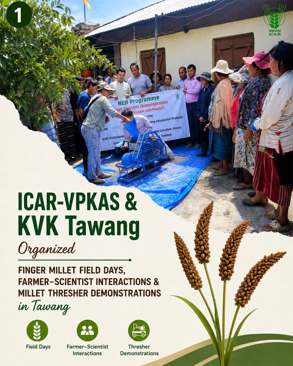icarindia's tweet photo. In Tawang, science meets the field! ICAR-VPKAS &amp; KVK Tawang showcased VL Mandua 376 and the Vivek Millet Thresher-cum-Pearler—boosting productivity, easing drudgery. #ICAR #Millets @ChouhanShivraj @PIB_India @AgriGoI https://t.co/P8RBaEsR6E