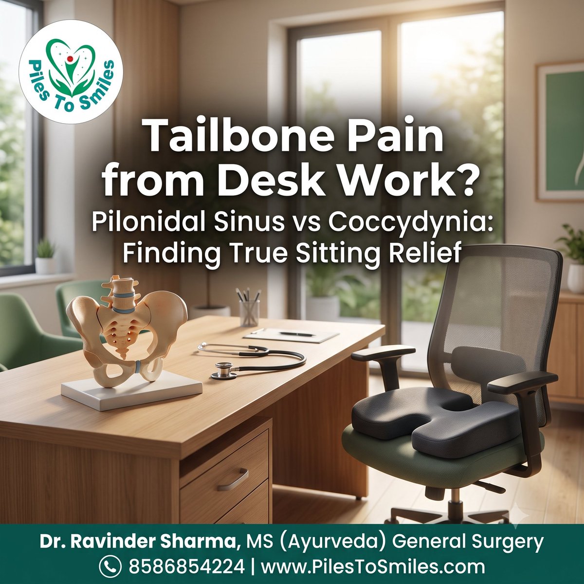 DrRavinderMS's tweet photo. Sitting 8+ hrs &amp; your tailbone aches?

Check this: • Bruised bone (Coccydynia): Clean skin, sharp pinch when standing. • Infected tract (Pilonidal): Tiny skin pits, swelling, fluid stains.
Ditch round donut rings—use a rear U-cutout wedge so your tailbone floats. https://t.co/70Hso9x6QB