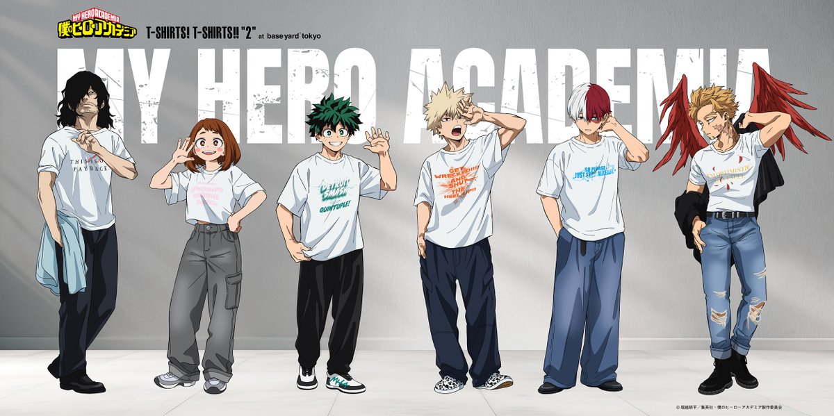 heroaca_anime's tweet photo. ◤ ベースヤードトーキョー
　　POPUP第3弾が来る!!　◢

"Tシャツ"をテーマにした
今回の描き下ろしビジュアルは
デク、爆豪、轟、お茶子に加え、
相澤とホークスが初登場!!
9月16日(水)にグッズ発売!!

▼詳細はこちら
https://t.co/4uH45KygVz

#ヒロアカ #heroaca_a https://t.co/wsjw4osf9S