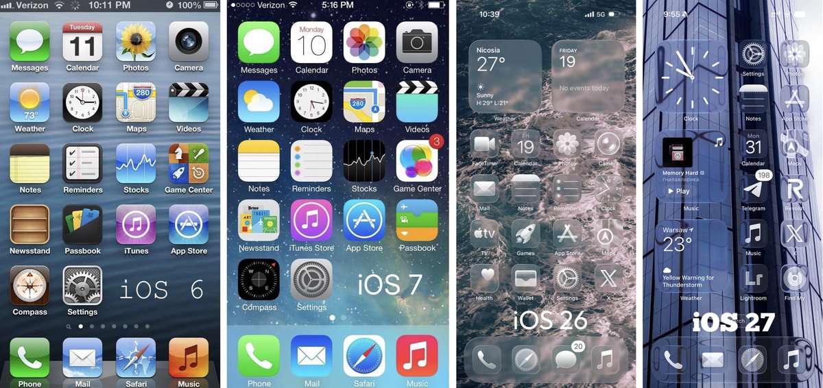 OutofGalaxyy's tweet photo. iOS has gone through 2 iconic redesigns under Tim Cook’s leadership

- First, in 2013 with iOS 7, shifting from Skeuomorphism to Minimalism
- Second, in 2025 with iOS 26, shifting from Minimalism to 3D Liquid Glass

What a time to be alive 😭 https://t.co/nESWXFXqkI