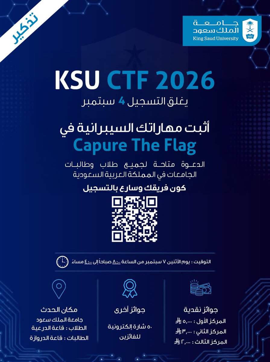 KSU_CyberSec's tweet photo. هل أنت مستعد لخوض التحدي؟ 🛡️💻

فرصة لجميع طلاب وطالبات الجامعات السعودية للمشاركة في مسابقة KSU CTF 2026، واختبار مهاراتهم في الأمن السيبراني ضمن مجموعة من التحديات المتنوعة.

⏳ لا تفوّت الفرصة… التسجيل يغلق قريبًا!
سجّل الآن، وكن جزءًا من التحدي.

#KSU_CTF2026 https://t.co/XB4uVYuIF7