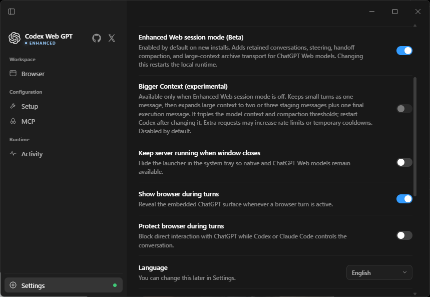 EvanLau1798's tweet photo. ChatGPT Web runs as a native Codex model in Enhanced: retained sessions, full MCP harness, and every configured skill/tool on the active task.

Same idea as upstream — Web quota inside Codex’s model picker — plus a longer-lived session path.

v4.0.6-Enhanced.1 tracks miuuyy/codex-chatgpt-web v4.0.6, then keeps the Web agent in one Temporary Chat for 30 minutes. Follow-up turns send only the continuation suffix instead of rebuilding the whole prompt, so long Codex / Claude Code jobs spend less time replaying context.

Full mode is the real harness, not a planner sidecar. Luna through Pro use the same turn-bound MCP capability: filesystem, shell, images, approvals, and configured tools/apps — including skills such as Computer Use. Tool calls and results stay in the same browser response.

Today’s commits also tighten that path: upstream v4.0.6 integration, stale effort-picker recovery, and long-running tool progress that no longer stalls on leftover HTTP turns. Up to six task-bound tabs can run in parallel.

Repo in the comments.