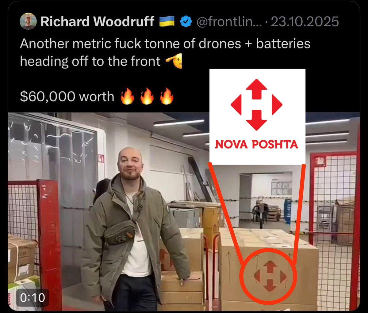 byronbayFitness's tweet photo. @AMK_Mapping_ The search for Online clout has made Nova Poshta a legitimate target for the Russians. 

These morons claim to be there for the Ukrainian people..😂🤣

They are actually helping the Russians turn Ukraine into a 3rd world country. 

The buy me a coffees must be worth it 💰 https://t.co/30VDTvYG7D