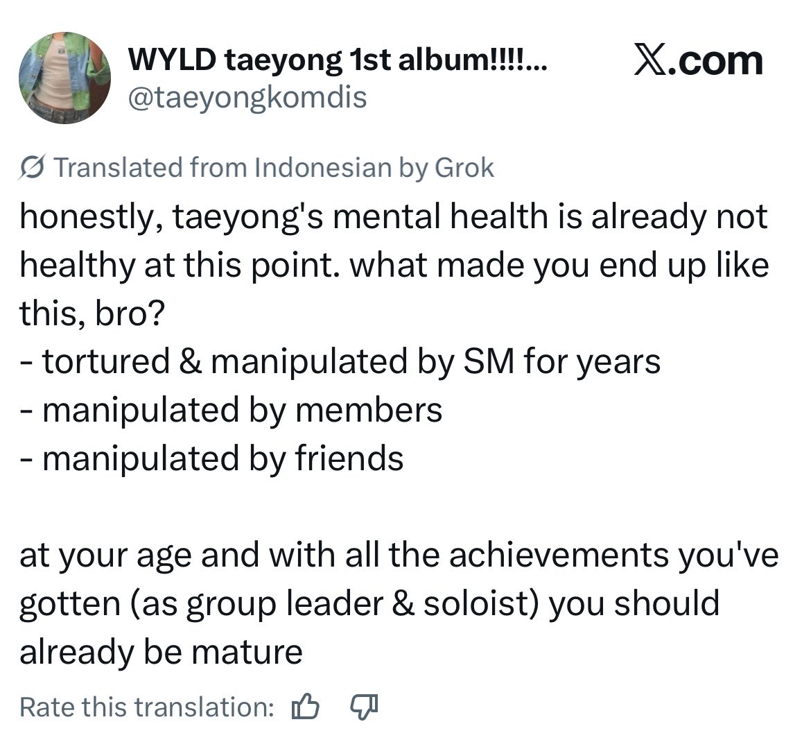 protect_tyong's tweet photo. I have already DM’d you asking you to delete this, but I haven’t received any response, so I’m trying to reach out publicly.

This is outrageously disrespectful towards Taeyong. And why are you calling him out and telling him to “you should already be matured”?

Please delete https://t.co/rbXawx0Fcp