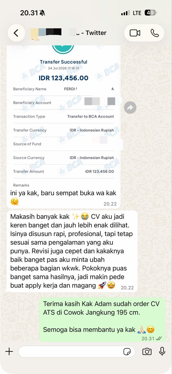 CowokJangkung's tweet photo. Terima kasih Kak Adam, Customer ke-65 dari Twitter yang udah order Jasa CV ATS by @CowokJangkung 195 cm.
Semoga bisa membantu ya kak ππ»β¨
#TestimoniCVATS #CVATS #JasaCVATS #ApplicantTrackingSystem https://t.co/sl1ndtB31k