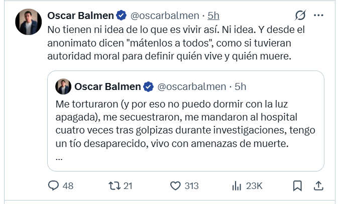 GhalebKrame's tweet photo. No tienen humanidad quienes descuartizan, raptan y violan sin distingo de género o edad. Mucho menos tienen autoridad moral para hablar de ella.

¿Autoridad moral quienes ordenan "mátalos a todos"?

Depende de quién dé la orden. Si la da un cártel, hablamos de criminales. Si la da el Estado, hablamos del uso legítimo de la fuerza, sujeto a la ley, al debido proceso y a los límites que impone el propio Estado de derecho.

¿Y qué autoridad moral tienen quienes son detenidos una y otra vez y terminan nuevamente en la calle por jueces o ministerios públicos corruptos, coludidos o amenazados?

¿O quienes, después de cometer las atrocidades más brutales, pretenden convertir los derechos humanos en un escudo para no responder por sus actos?

¿De verdad vamos a poner en el mismo plano a quien tortura y asesina con quien tiene la responsabilidad de detenerlo?

¿Merece el mismo trato quien sopletea la carne viva de sus víctimas?

 ¿Quien las desuella mientras aún están con vida?

 ¿Quien corta una cabeza y deja apenas unos segundos de actividad cerebral para que la víctima alcance a ver cómo su propio cuerpo se desprende?

Estas cosas no las aprendimos los mexicanos en Netflix ni en un documental. Las conocemos por videos que circulan en redes y que hacen que las películas gore parezcan de Disney.

Hay quienes les han sostenido la mirada a estos desalmados. Y habemos muchos a quienes nos han disparado y que, aun así, los hemos enfrentado. Y sí, lo digo sin rodeos: mil veces preferiría encontrarme con su mirada sin vida que volver a sostenerles la mirada mientras están vivos.

Las víctimas conocen de primera mano el costo humano de la violencia cuando el Estado llega tarde, llega mal o, peor aún, simplemente no llega.

En el terreno, las diferencias no son abstractas. Están quienes asesinan y quienes intentan impedir que asesinen. Quienes torturan y quienes los enfrentan. Quienes imponen el terror y quienes tienen la obligación de recuperar el control.

Y sí, en el terreno hay que decidir de qué lado estamos.

Yo no tengo ninguna duda: quiero que prevalezcan los buenos.

Y para que prevalezcan, el Estado tiene que ser más inteligente que los criminales, más rápido que ellos y mucho más eficaz. Con inteligencia, capacidad operativa y toda la fuerza de la ley.

Porque cuando el Estado renuncia a ejercer su autoridad, alguien más ocupa ese espacio. Y ese alguien, casi siempre, es el crimen.